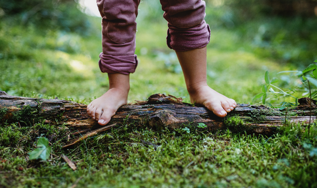 Child standing on a log in nature